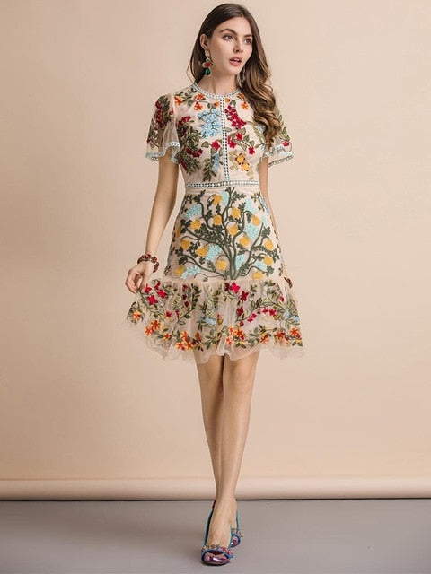 FRENCH RIVIERA Resort Wear Flare Sleeve Floral Embroidery Mesh