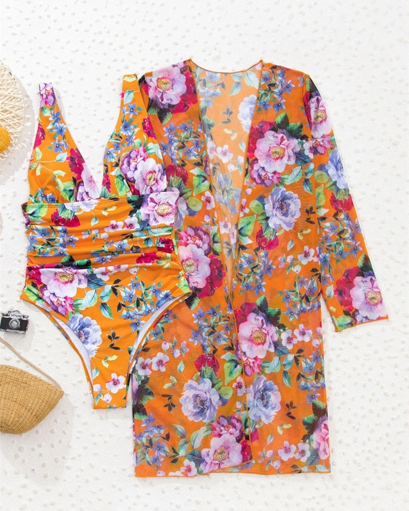 ANGELINA Floral Print One-piece & Cover Up Kimono